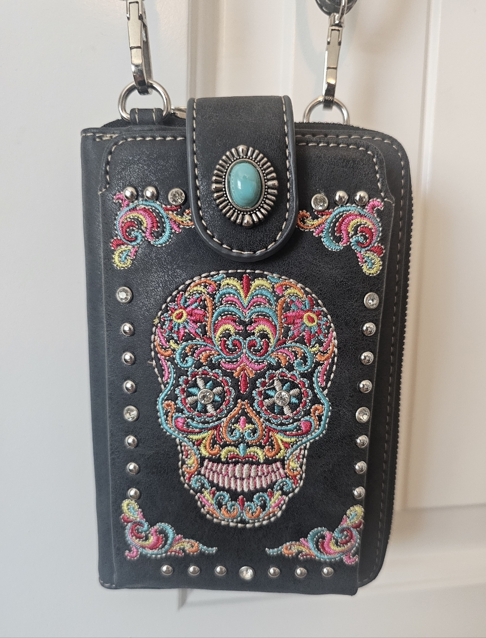 Embroidered Sugar Skull Crossbody Wallet